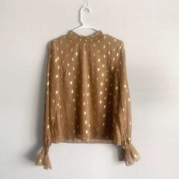 POMANDER PLACE Tan Gold Celeste Blouse Mock Neck Sheer Shimmer Blouse Size Small - Picture 4 of 9